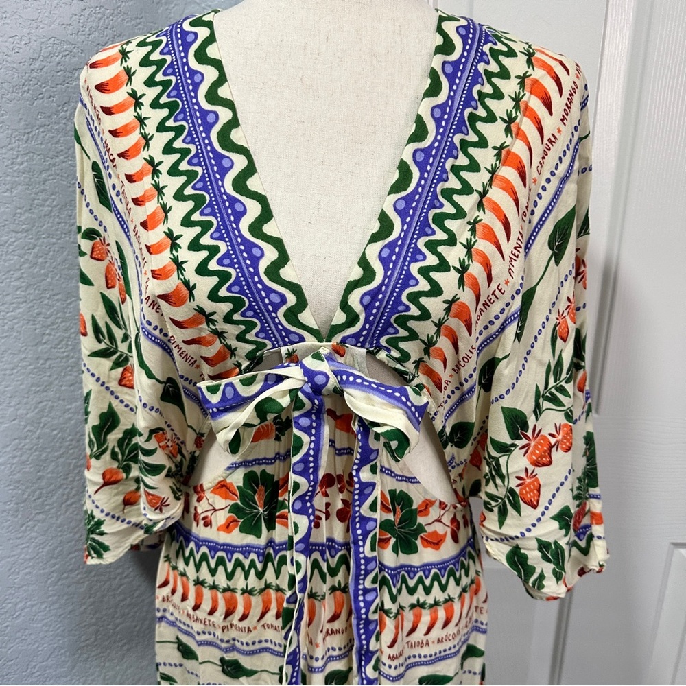 Farm Rio Size L V-Neck Kaftan Maxi Dress Colorful Coastal Cut Outs Resortwear - Picture 4 of 16